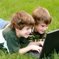 zwei Jungs auf dem Rasen vor einem Laptop