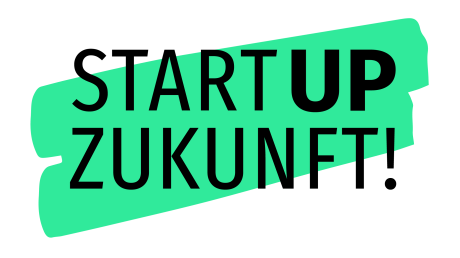 Abgebildet ist das Logo des Programms "Startup Zukunft!", ein großer Schriftzug in schwarzen Buchstaben auf türkisem Hintergrund.