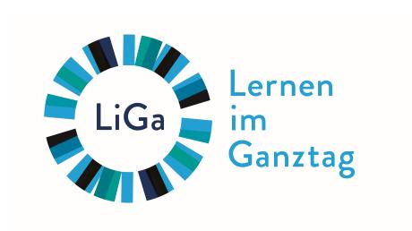 Abgebildet ist das Logo des Programms "LiGa - Lernen im Ganztag" mit einem stilisierten Kreis aus einzelnen Elementen in verschiedenen Blau- und Grüntönen sowie dem Schriftzug mit dem Namen des Programms.