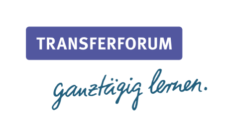 Wortmarke "Transferforum" in Großbuchstaben auf lila Hintergrund, darunter das Logo des Programms "Ideen für mehr! Ganztägig lernen."
