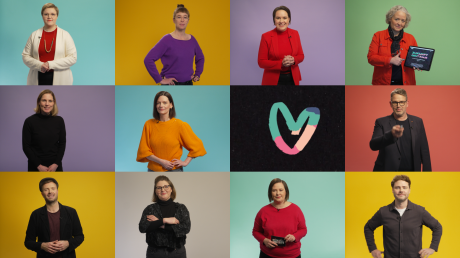 Zu sehen sind zwölf Kacheln, davon elf mit Thumbnails aus den Expert:innen-Videos der Qualifizierungsreihe sowie in der mittleren Reihe das Logo des Zukunftspakets, ein stilisiertes Herz aus Pastellfarben.